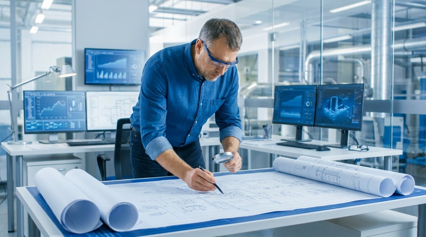 Engineer reviewing industrial water system technical schematics during a consultation