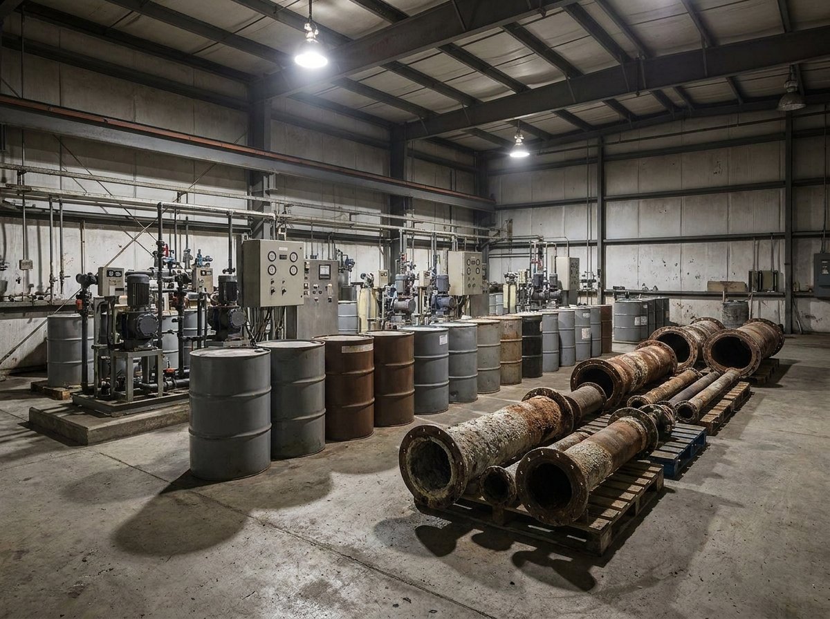 Industrial chemical dosing equipment alongside scale-encrusted pipe sections illustrating conventional treatment burden