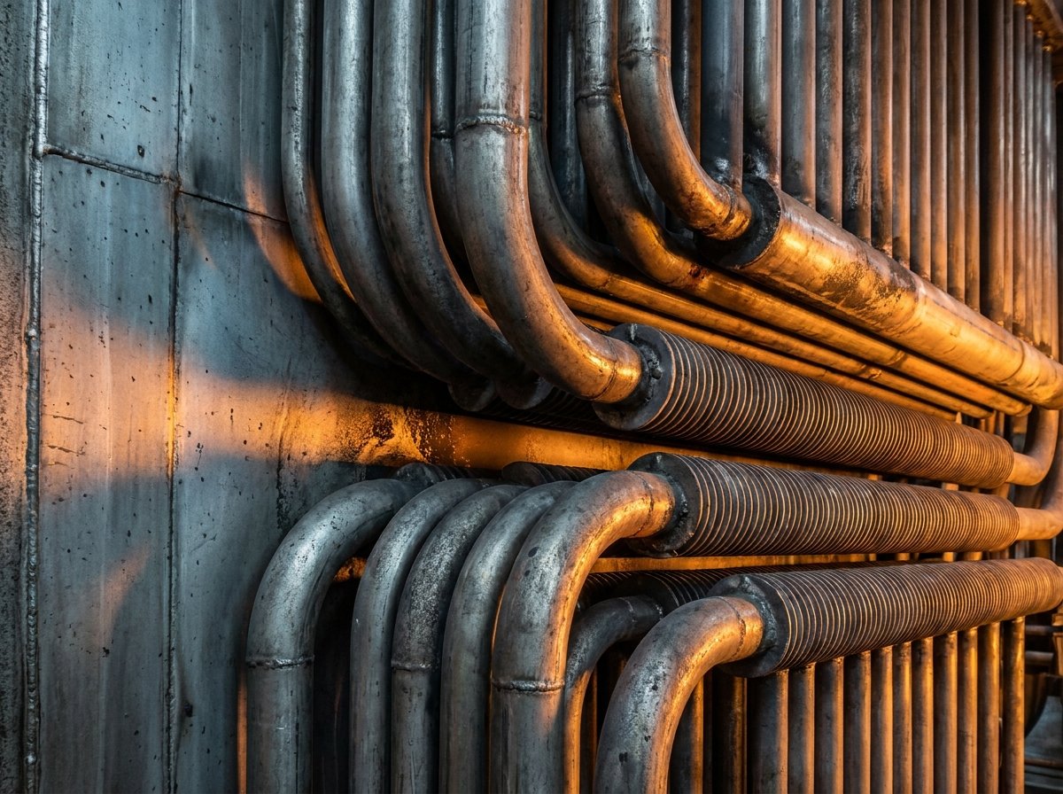 Industrial boiler heat transfer pipes and surfaces in close detail