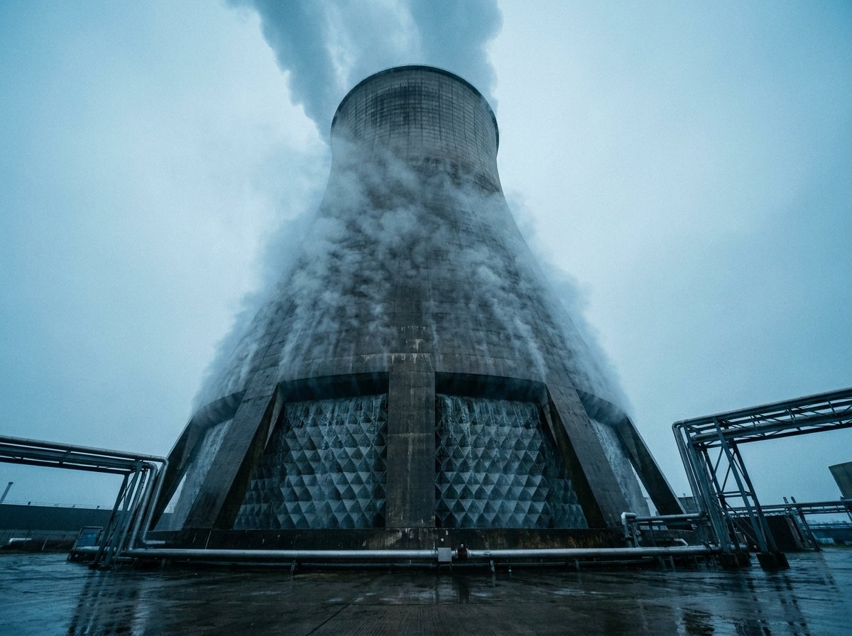 Large industrial cooling tower with water vapour rising against overcast sky