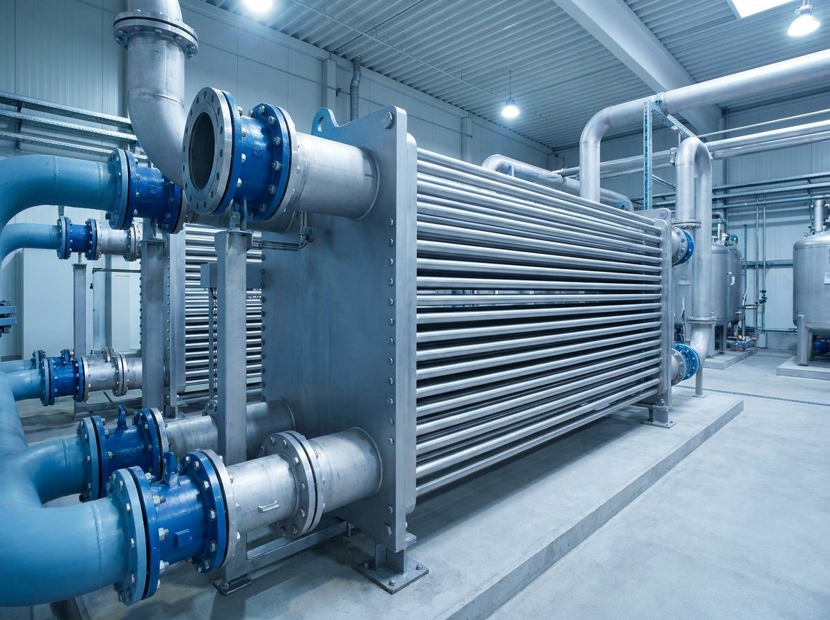 Industrial heat exchanger with parallel tube arrays and flanged pipe connections