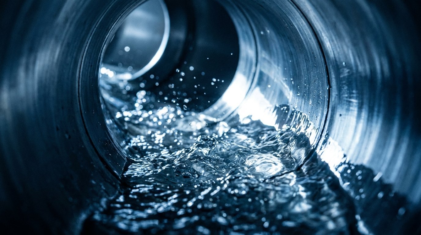 Crystal-clear water flowing through an industrial pipe interior with suspended mineral particles