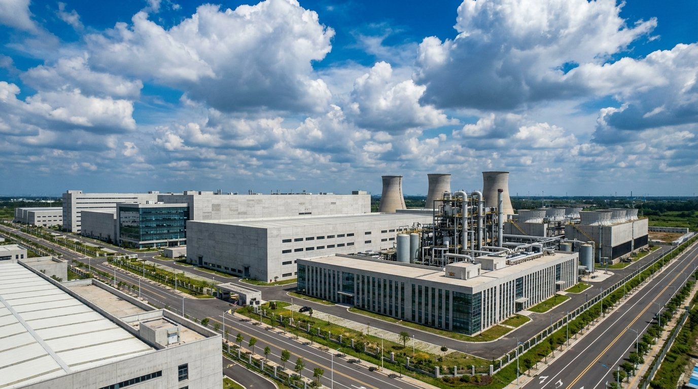 Aerial view of a large modern industrial manufacturing facility with cooling towers and mechanical plant