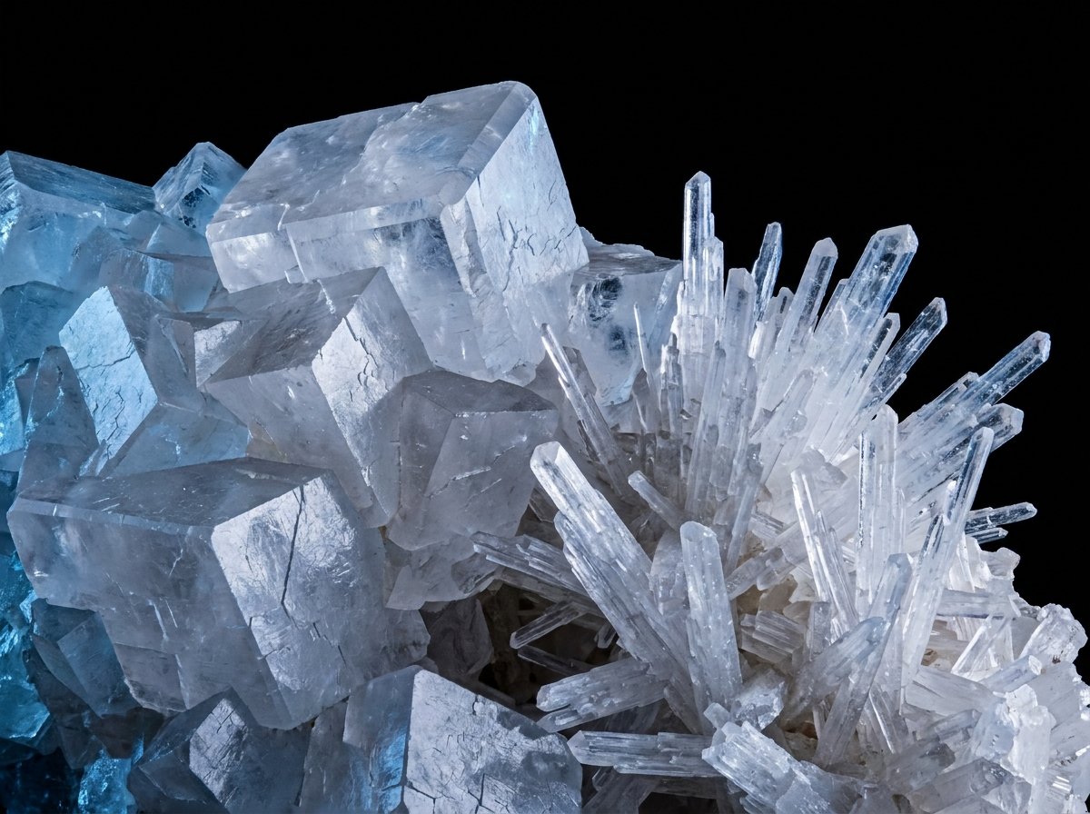 Macro photograph contrasting angular calcite crystals with needle-shaped aragonite calcium carbonate crystals