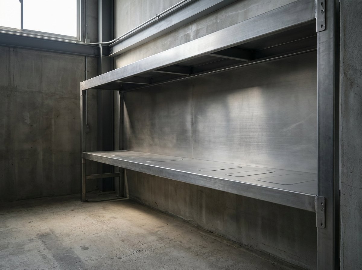 Empty industrial storage shelf representing the elimination of chemical and salt consumables in water treatment