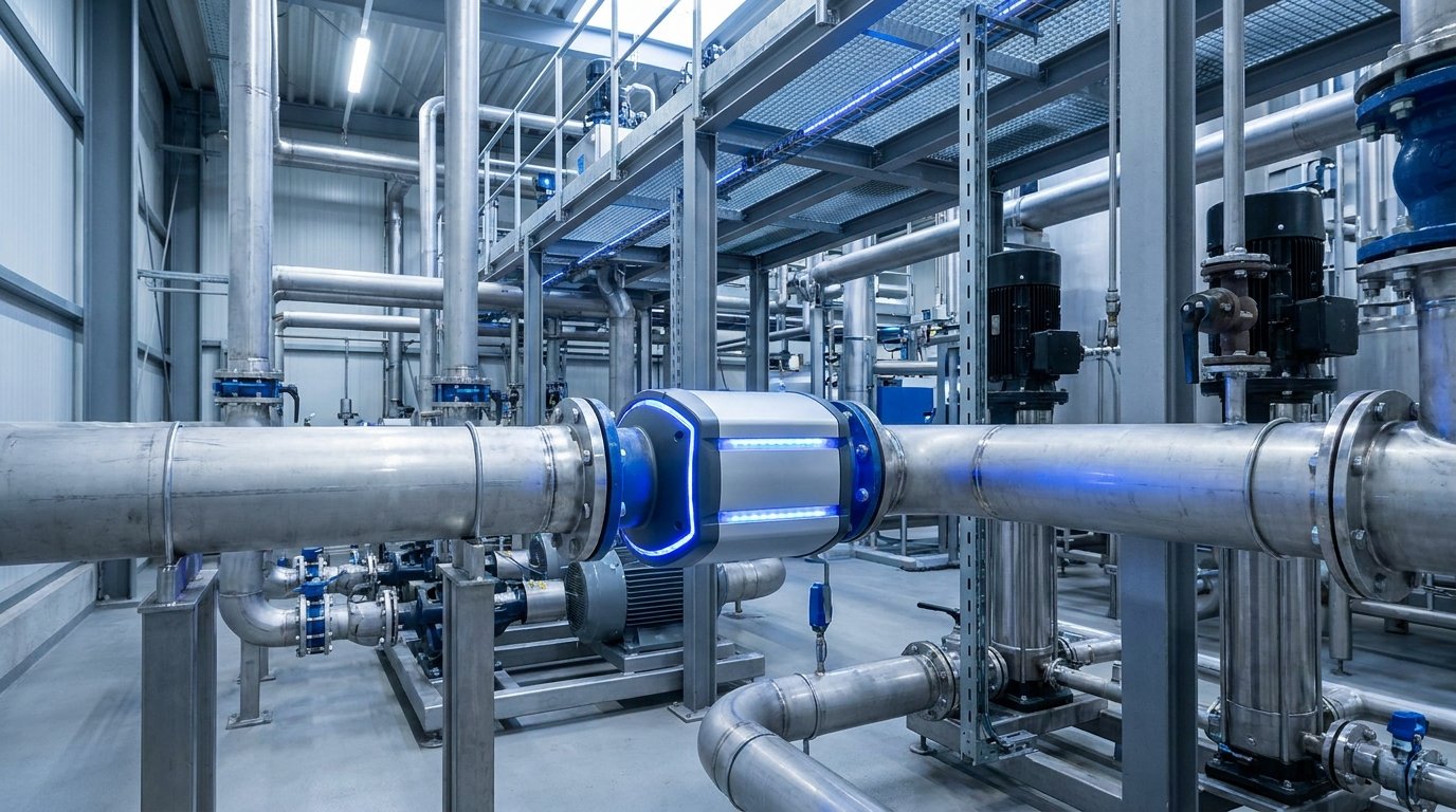 Compact PV WCS conditioning unit installed inline within existing industrial pipeline infrastructure