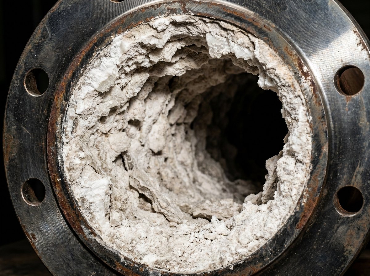 Cross-section of an industrial pipe interior showing severe calcium scale buildup