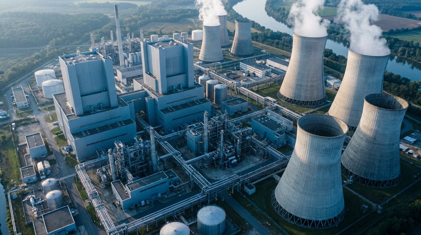 Aerial view of an industrial facility complex with cooling towers and processing buildings