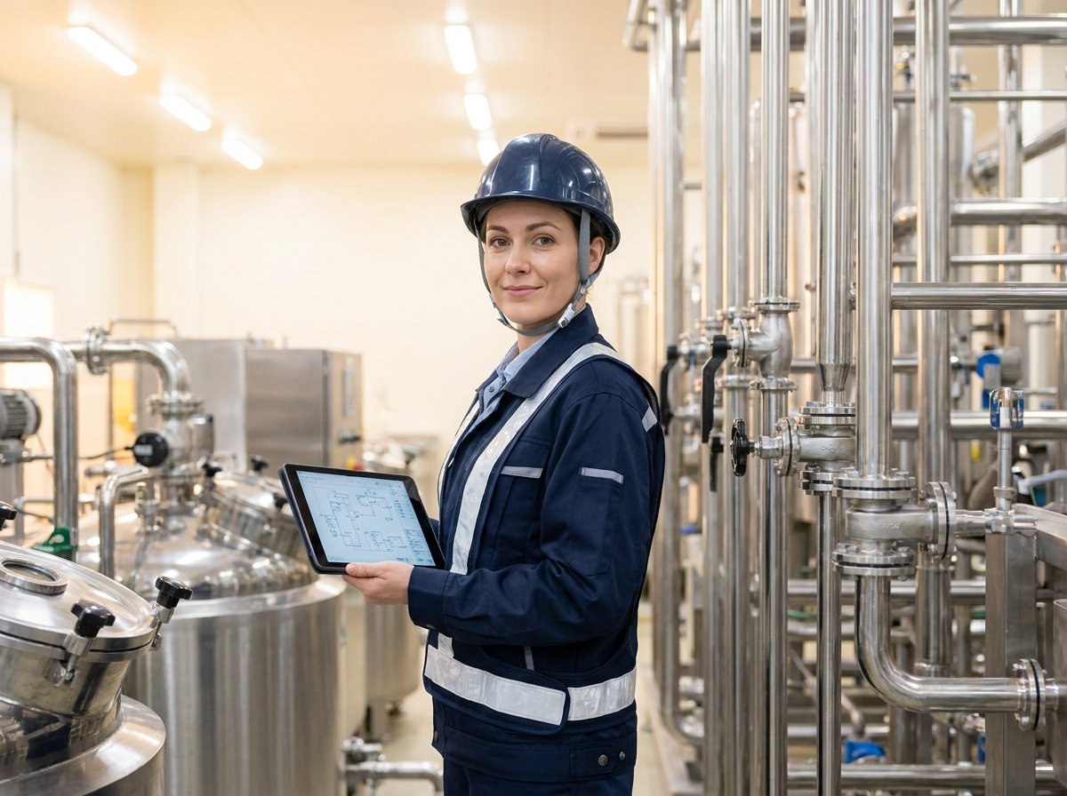 Industrial engineer reviewing technical documentation beside pipeline infrastructure