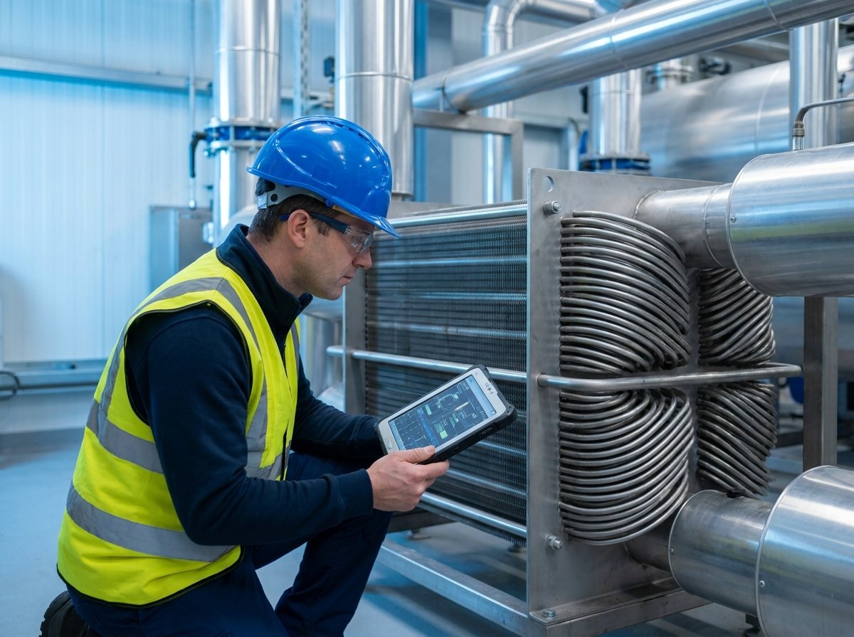 Industrial engineer inspecting heat exchanger equipment with a tablet, representing expert technical support and warranty assurance